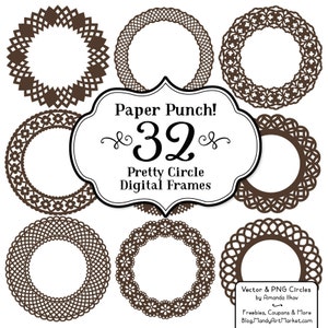 May include: A set of 32 brown circle digital frames with intricate lace designs. The frames are perfect for adding a touch of elegance to your digital projects.