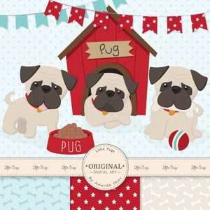Professional Cute Pug Clipart, Vectors & Digital Papers - Cute Pug Clip Art, Cute Dog Clipart, Puppy Clipart, Pug Vectors, Dog Clip Art