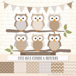 Patterned Champagne Owls Clipart and Digital Papers - beige Owl Clipart, Owl Vectors, Baby Owls, Cute Owls