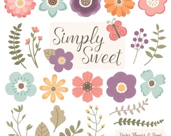 Cute Flowers Clipart in Vintage - Vintage Vector Flowers, Vintage Clipart Flowers, Floral Clipart, Flower Graphics, Simple Flowers