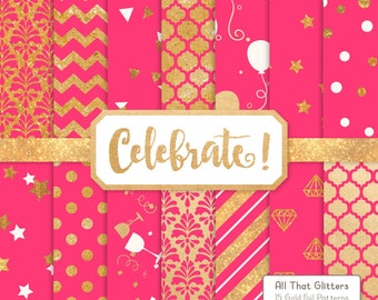 Premium Gold Foil Hot Pink Digital Papers - wzory imprezowe, papiery cyfrowe imprezowe, złote papiery cyfrowe, złote wzory, wzory folii
