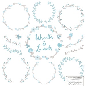 Floral Wreaths & Laurels in Soft Blue - Soft Blue Flower Wreath, Soft Blue Wreath, Wreath Clipart, Laurel Clipart