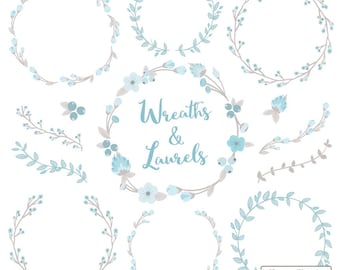 Floral Wreaths & Laurels in Soft Blue - Soft Blue Flower Wreath, Soft Blue Wreath, Wreath Clipart, Laurel Clipart