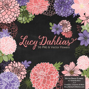 May include: A digital illustration of 96 pink, purple, and green dahlia flowers. The flowers are arranged in a circle around the text "Lucy Dahlias 96 PNG & Vector Flowers".