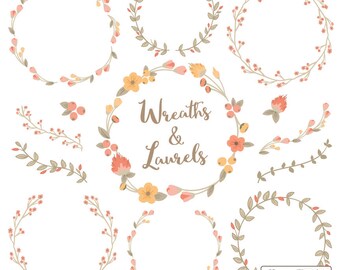 Premium Floral Wreaths & Laurels in Antique Peach - Peach Wreath, Wreath Clipart, Laurel Clipart, Vector Wreaths, Vector Laurels