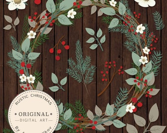 Premium Large Rustic Pine Wreath Clip Art - 12 Inch Pine Wreath Clipart, Christmas Clipart, Floral Elements, Vector Christmas Wreath