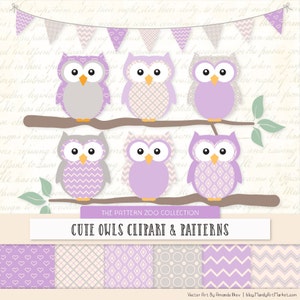 Patterned Lavender Owls Clipart and Digital Papers - lavender Owl Clipart, Owl Vectors, Baby Owls, Cute Owls