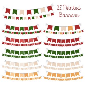 K&ouml;nnte beinhalten: Satz von 22 spitzen Bannern in verschiedenen Farben, darunter Rot, Gr&uuml;n, Beige und Orange. Die Banner sind mit einer wei&szlig;en Schnur aneinandergereiht und haben eine einfache, spitze Form. Der Text "22 Pointed Banners" ist oben im Bild in schwarzer Kursivschrift geschrieben.