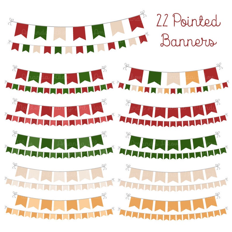 K&ouml;nnte beinhalten: Satz von 22 spitzen Bannern in verschiedenen Farben, darunter Rot, Gr&uuml;n, Beige und Orange. Die Banner sind mit einer wei&szlig;en Schnur aneinandergereiht und haben eine einfache, spitze Form. Der Text "22 Pointed Banners" ist oben im Bild in schwarzer Kursivschrift geschrieben.