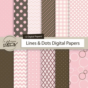 Pacote de papel digital premium rosa e marrom - papel digital de bolinhas, papel digital xadrez, papel digital Chevron, papel digital gingham