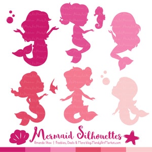 Professional Mermaid Silhouettes Clipart in Shades of Pink - pink Mermaids, Mermaid Clipart, Mermaid Vectors