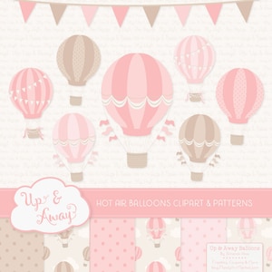 Puede incluir: Un conjunto de clipart digital con globos aerostáticos en rosa y marrón con patrones de lunares y rayas. El clipart incluye una pancarta con el texto "Up & Away" y cuatro patrones diferentes con globos aerostáticos.