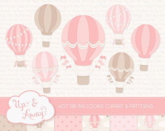 Soft Pink Hot Air Balloons Clipart con digital papers - globos de aire caliente rosa suave clipart, globos de aire caliente vectores