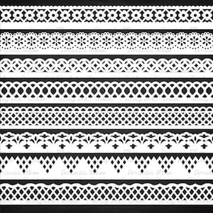 K&ouml;nnte beinhalten: Zehn verschiedene wei&szlig;e Spitzenbord&uuml;ren auf schwarzem Hintergrund. Die Spitzenbord&uuml;ren sind alle in verschiedenen Mustern und Stilen.