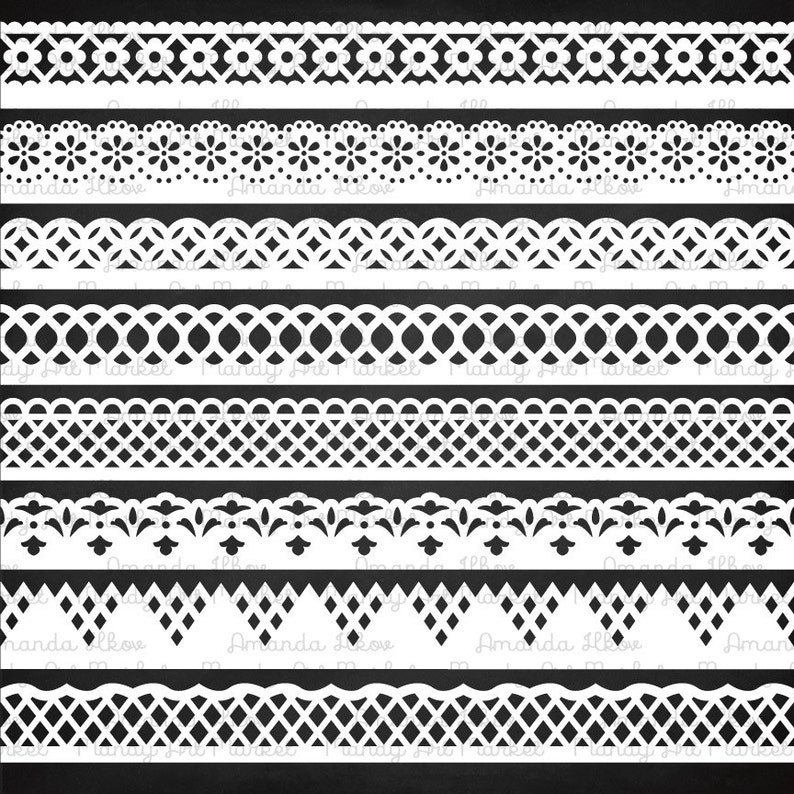 K&ouml;nnte beinhalten: Zehn verschiedene wei&szlig;e Spitzenbord&uuml;ren auf schwarzem Hintergrund. Die Spitzenbord&uuml;ren sind alle in verschiedenen Mustern und Stilen.