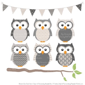 Patterned Grey Owls Clipart and Digital Papers - Grey Owl Clipart, Owl ...