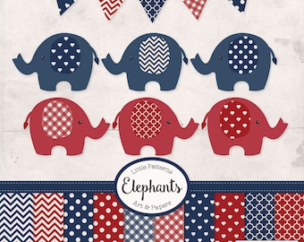 Premium Elephant Clipart, Vectors & Digital Papers in Americana - American Elephant Clip Art, Elephant Vectors, Baby Elephants