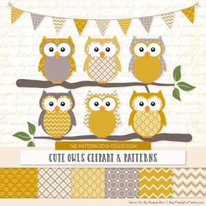 Patterned Mustard Owls Clipart and Digital Papers - Yellow Owl Clipart, Owl Vectors, Baby Owls, Cute Owls