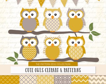 Patterned Mustard Owls Clipart and Digital Papers - Yellow Owl Clipart, Owl Vectors, Baby Owls, Cute Owls