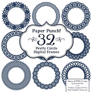 32 Premium Paper Punch Navy Lace Frames Clipart & Vectors - Navy Lace Circle Frames, Scrapbook Frames, Digital Frames, Vector Frames