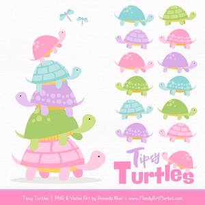 May include: A set of 10 digital clipart images of cute, cartoon turtles in various pastel colors. The turtles are stacked on top of each other, with the text "Tipsy Turtles" at the bottom of the image.