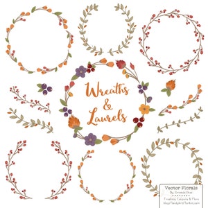 Premium Floral Wreaths & Laurels in Autumn - Autumn Wreath, Wreath Clipart, Laurel Clipart, Vector Wreaths, Vector Laurels