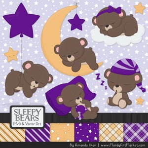 Professional Violet Sleepy Bears Clipart - Violet Bedtime Bears Clipart, Teddy Bear Vectors, Sleeping Bears