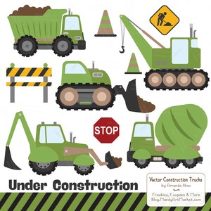 May include: Green construction vehicles, including a dump truck, bulldozer, crane, excavator, and cement mixer, are illustrated against a white background.  The text "Under Construction" is displayed in black letters on a striped black and green background.  A stop sign is also included.