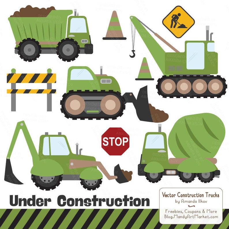 May include: Green construction vehicles, including a dump truck, bulldozer, crane, excavator, and cement mixer, are illustrated against a white background.  The text "Under Construction" is displayed in black letters on a striped black and green background.  A stop sign is also included.