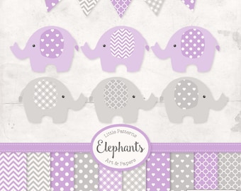 Premium Elephant Clipart, Vectors & Digital Papers in Lavender with Grey - Lavender Elephant Clip Art, Elephant Vectors, Baby Elephants