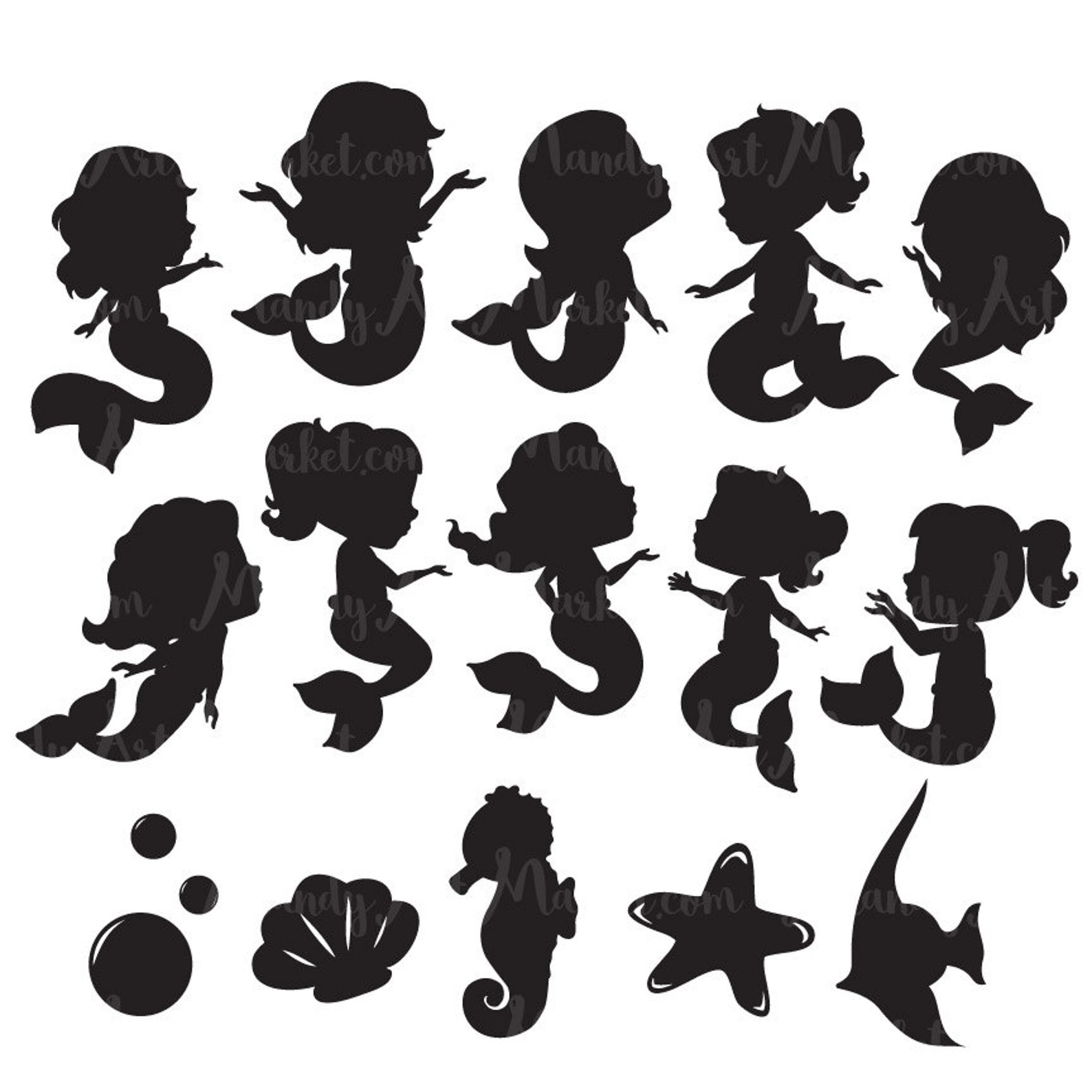 Cute Mermaid Silhouette Clipart Mermaid Silhouettes Clipart Etsy