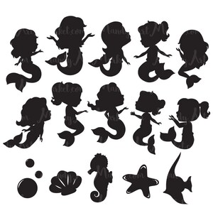 May include: Black silhouette illustrations of mermaids in various poses, along with bubbles, a seashell, a seahorse, a starfish, and a fish. The mermaids have different hairstyles and tail designs. These images are suitable for crafting or design projects.