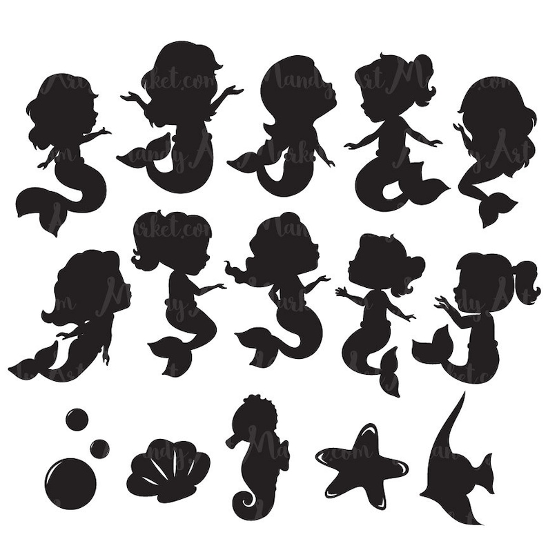May include: Black silhouette illustrations of mermaids in various poses, along with bubbles, a seashell, a seahorse, a starfish, and a fish. The mermaids have different hairstyles and tail designs. These images are suitable for crafting or design projects.