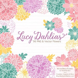 May include: A digital illustration of 96 pink, yellow, purple, and green dahlias. The flowers are arranged in a circle around the text "Lucy Dahlias 96 PNG & Vector Flowers".