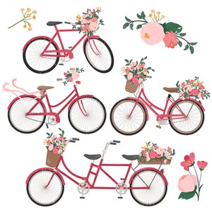 Peut inclure: Quatre bicyclettes rouges avec des accents floraux. Deux sont des bicyclettes &agrave; une personne avec des paniers et des fleurs sur le guidon. L'une est une bicyclette tandem avec des fleurs sur le porte-bagages arri&egrave;re. La quatri&egrave;me bicyclette a des fleurs sur le guidon et un ruban rose attach&eacute; au guidon.