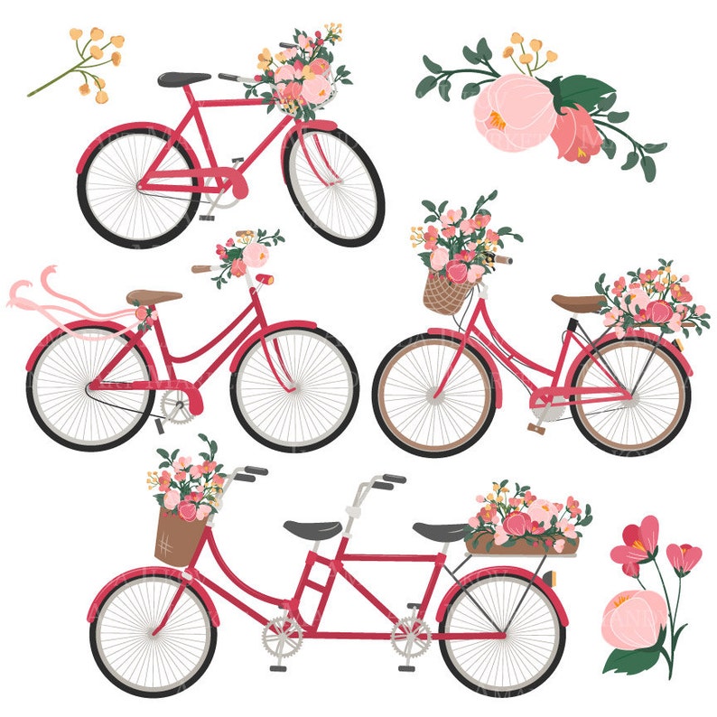 Peut inclure: Quatre bicyclettes rouges avec des accents floraux. Deux sont des bicyclettes &agrave; une personne avec des paniers et des fleurs sur le guidon. L'une est une bicyclette tandem avec des fleurs sur le porte-bagages arri&egrave;re. La quatri&egrave;me bicyclette a des fleurs sur le guidon et un ruban rose attach&eacute; au guidon.