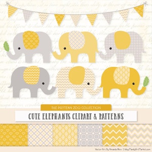 May include: A set of six cute elephant illustrations in yellow and gray with different patterns. The elephants are holding leaves and flowers. The illustrations are perfect for baby shower invitations, nursery decor, or scrapbooking.