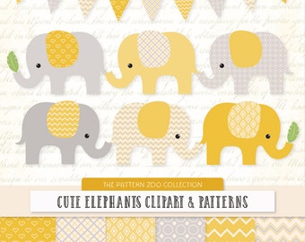 Patterned Sunshine Elephants Clipart and Digital Papers - Yellow Elephant Clipart, Elephant Vectors, Baby Elephants, Cute Elephants