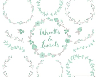 Premium Floral Wreaths & Laurels in Mint - Mint and Peach Flower Wreath, Wreath Clipart, Laurel Clipart, Vector Wreaths