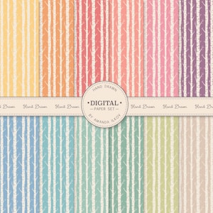 May include: Set of 10 digital paper patterns featuring a hand-drawn birch tree design in various colors, including yellow, orange, red, pink, purple, blue, green, and beige. The patterns are seamless and can be used for scrapbooking, card making, and other craft projects. The text "HAND DRAWN *DIGITAL* -PAPER SET- BY AMANDA ILKOV" is included in the image.