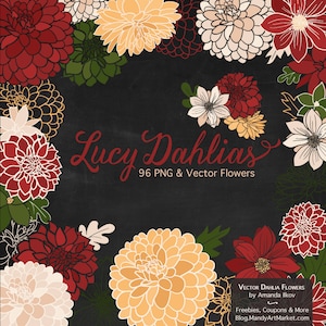 K&ouml;nnte beinhalten: Eine digitale Illustration von roten, wei&szlig;en und gelben Dahlien auf schwarzem Hintergrund. Der Text "Lucy Dahlias 96 PNG & Vector Flowers" ist in roter Kursivschrift geschrieben. Der Text "VECTOR DAHLIA FLOWERS by Amanda Ilkov Freebies, Coupons & More Blog.MandyArtMarket.com" ist in schwarzer Schrift geschrieben.