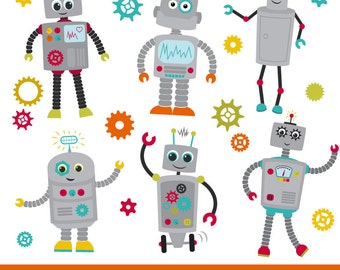Premium Robots & Gears Clip Art with Vectors - Friendly Robot Clipart, Kids Robots Clipart, Vector Robots, Vector Gears, Gear Clipart, Cogs