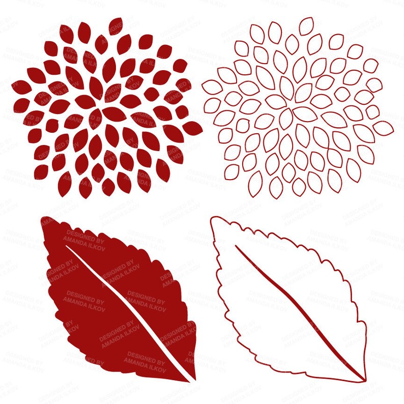 May include: Four red floral designs, two are circular and two are leaf shapes. The circular designs are made up of small, overlapping petals. The leaf shapes are simple and elongated.