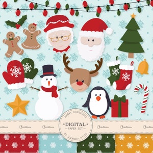 Premium Christmas Characters Clip Art & Digital Papers Set - Santa Clipart, Christmas Clipart, Snowman Clipart, Ginger Man