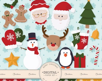 Premium Christmas Characters Clip Art & Digital Papers Set - Santa Clipart, Christmas Clipart, Snowman Clipart, Ginger Man