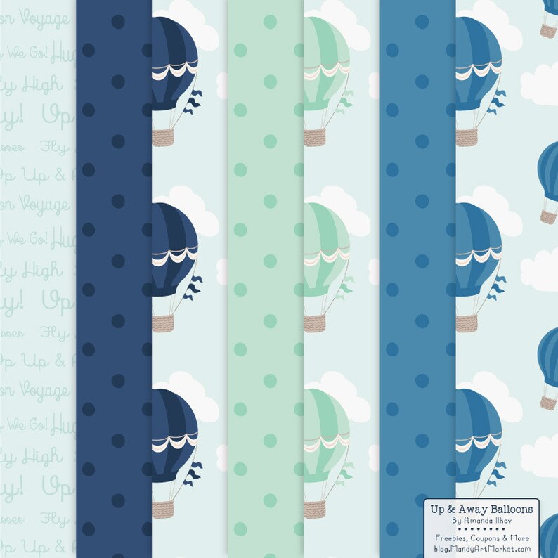 Navy &amp; Mint Hot Air Balloons Clipart With Digital Papers - Etsy