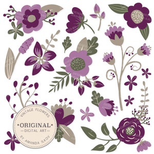 Premium Plum Floral Clipart & Flower Vectors - Plum Flowers, Vintage Flowers, Flower Clip Art, Vector Flowers