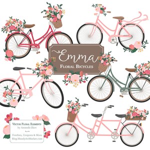 Peut inclure: Un ensemble de cinq illustrations de bicyclettes fleuries. Les bicyclettes sont roses, rouges et vertes avec des paniers remplis de fleurs roses, rouges et blanches. Le texte "Emma Floral Bicycles" est sur une pancarte brune.