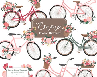 Emma Floral Bicycle Clipart & Vectors in Rose Garden - rose bicycles, flower bicycle clipart, floral wedding bicycle, tandem bicycle