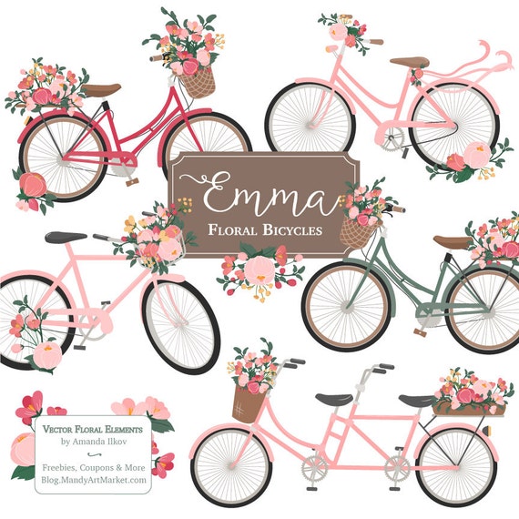 Emma Floral Bicycle Clipart & Vectors in Rose Garden - rose bicycles, flower bicycle clipart, floral wedding bicycle, tandem bicycle
